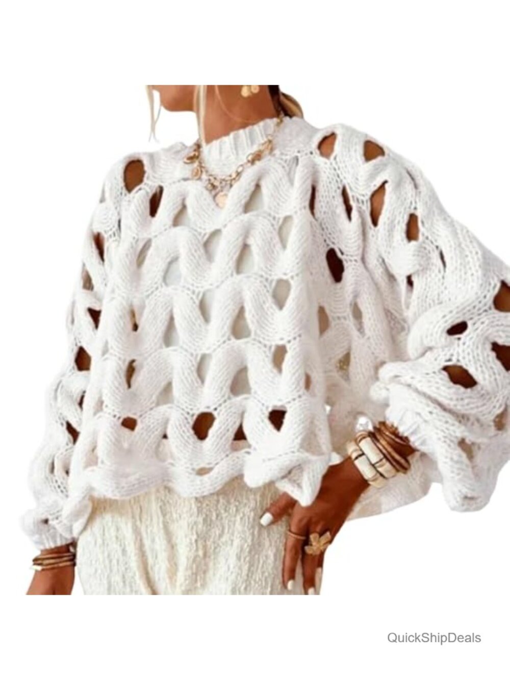 Oversized Crochet Chunky Knit Pullover Sweater Crew Neck Long Sleeve